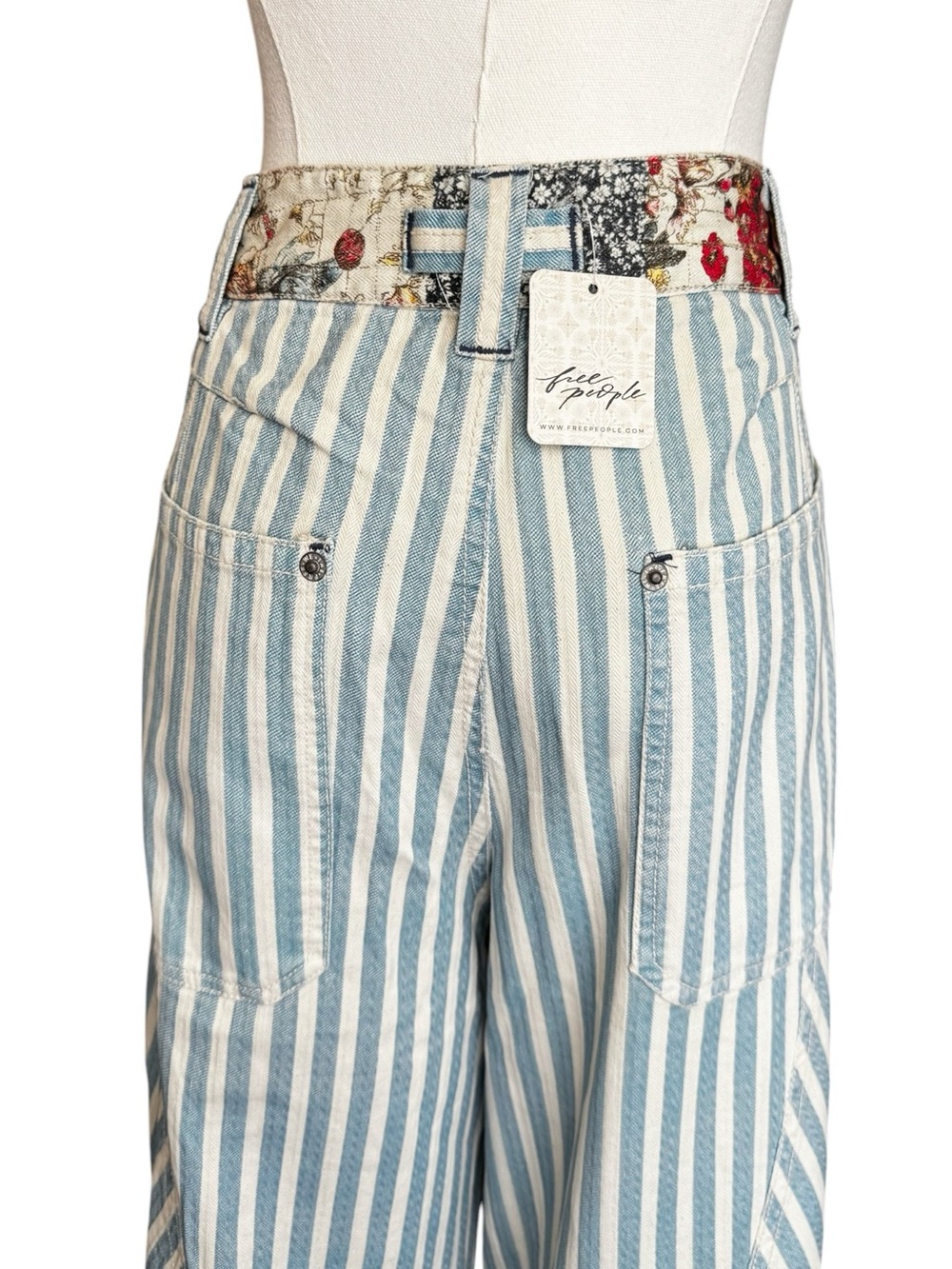 Free People Blue & White Striped Wide Leg Patchwork Jeans - Picture 13 of 16